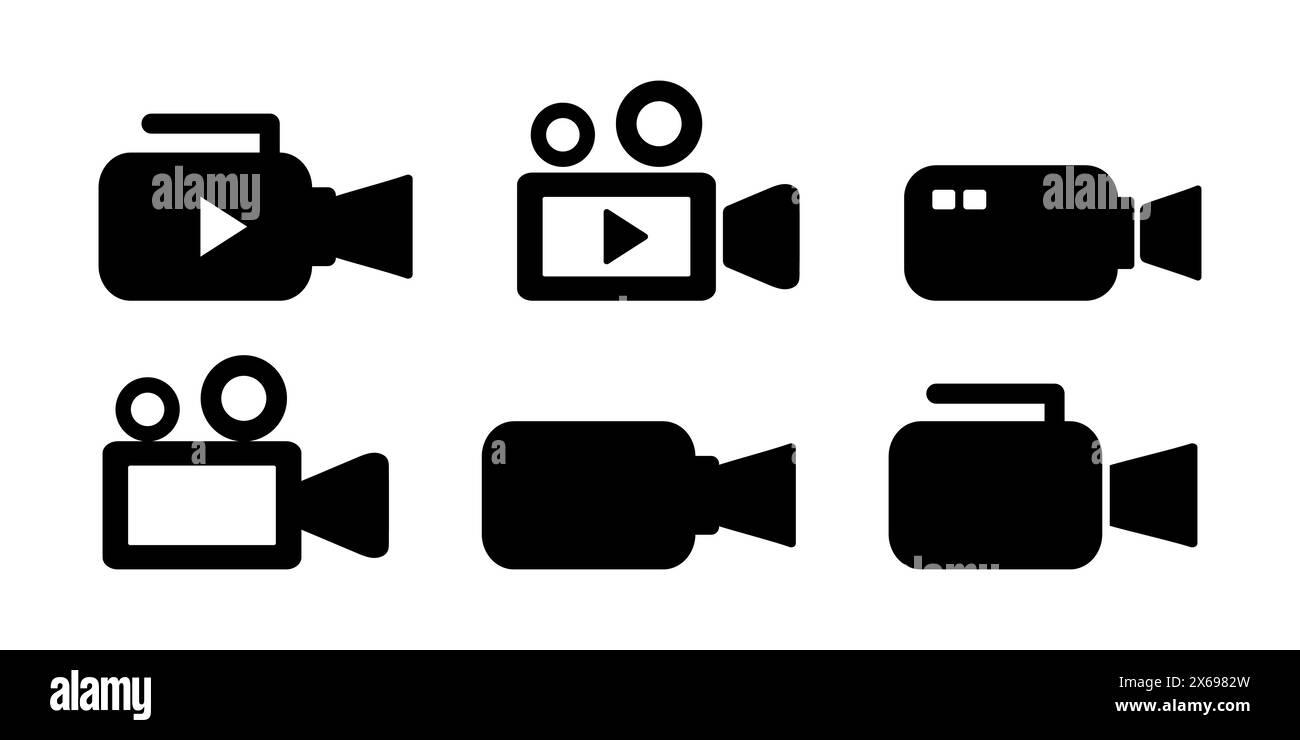 Icone della videocamera impostate in nero. Icone con il simbolo della fotocamera, la videocamera, il pulsante di riproduzione. Per la produzione video e il vlogging. Illustrazione Vettoriale