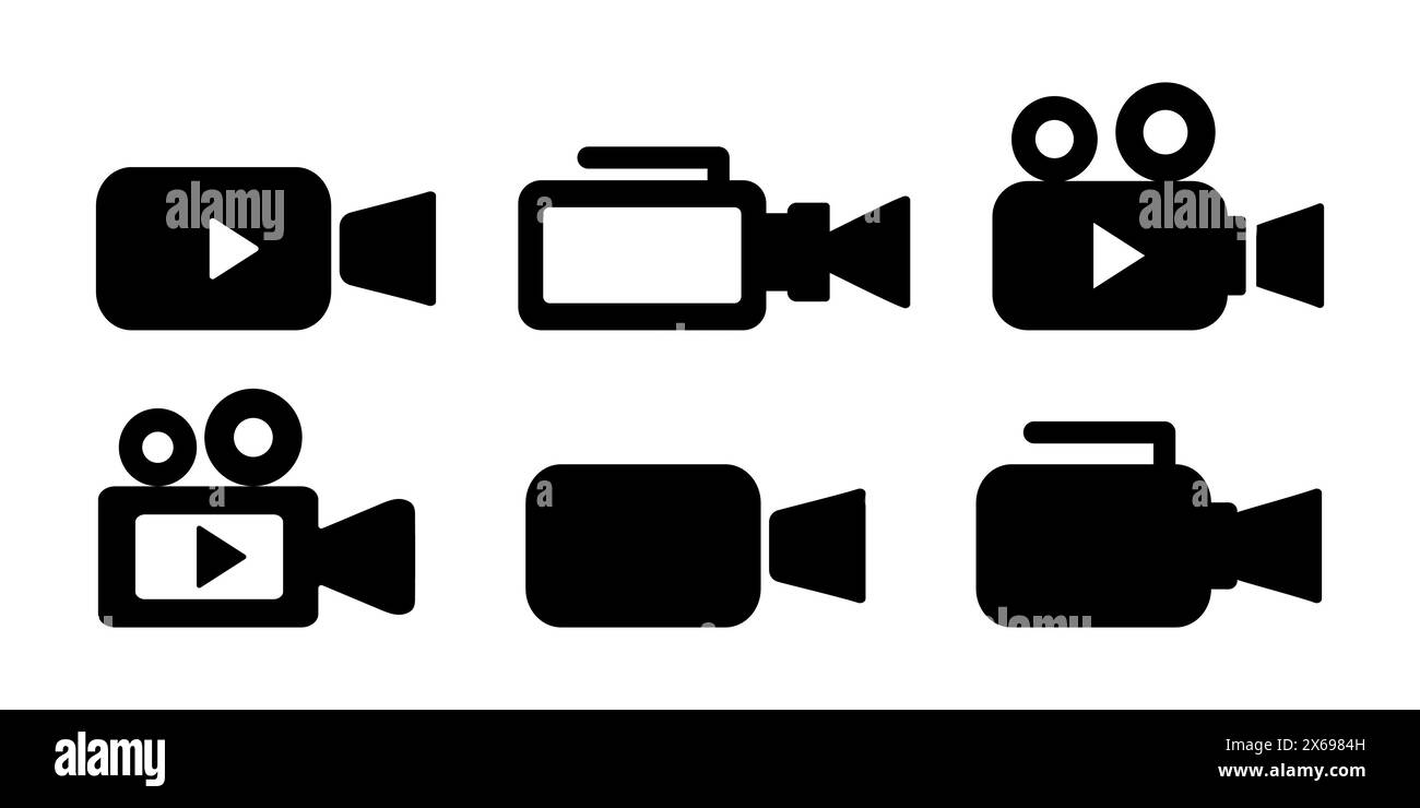 Icone della videocamera della raccolta. Videocamera, videocamera, pulsante di riproduzione. Icone multimediali in nero su sfondo bianco. Per la produzione video e vlogg Illustrazione Vettoriale