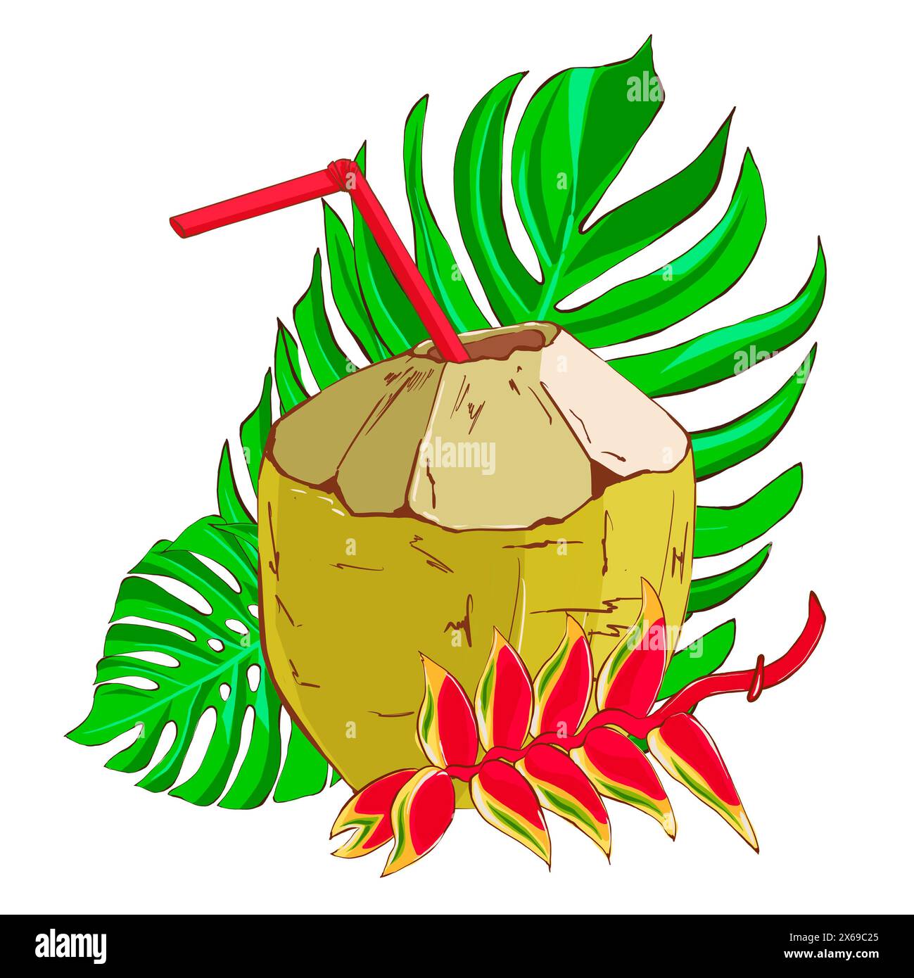 Cocco verde con paglia rossa, foglia di monstera e fiore tropicale. Esotico drink tropicale. Illustrazione disegnata a mano in stile piatto su sfondo bianco. Ill Foto Stock