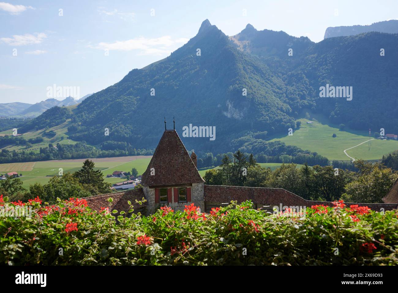 Castello di Gruyeres con montagne sullo sfondo Foto Stock