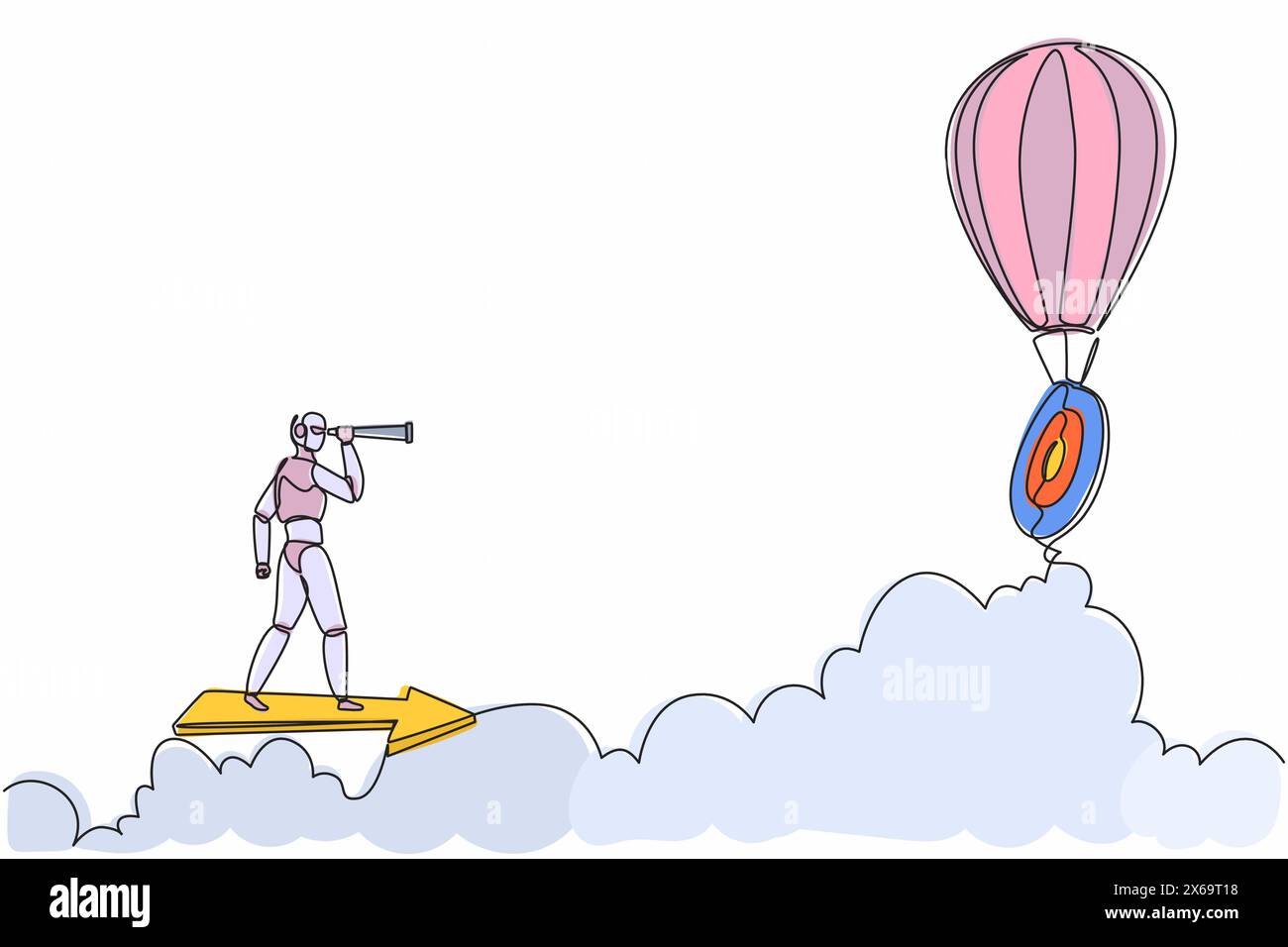 I robot di disegno a una linea continua corrono a freccia e guardano con il bersaglio mongolfiera ad aria calda monoculare. Organismo cibernetico robot umanoide. Robotica futura d Illustrazione Vettoriale