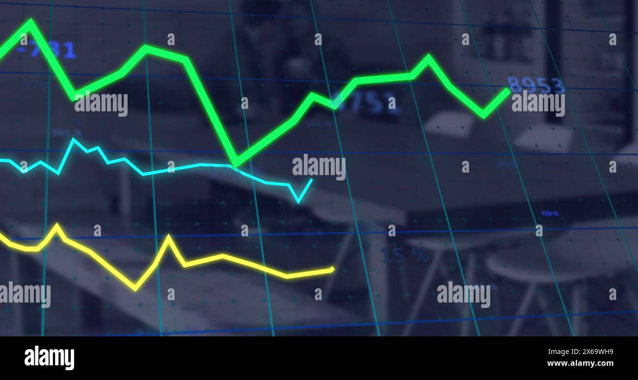 Immagine dell'elaborazione di dati statistici sulla rete di rete contro l'uomo e la donna in un bar in ufficio Foto Stock