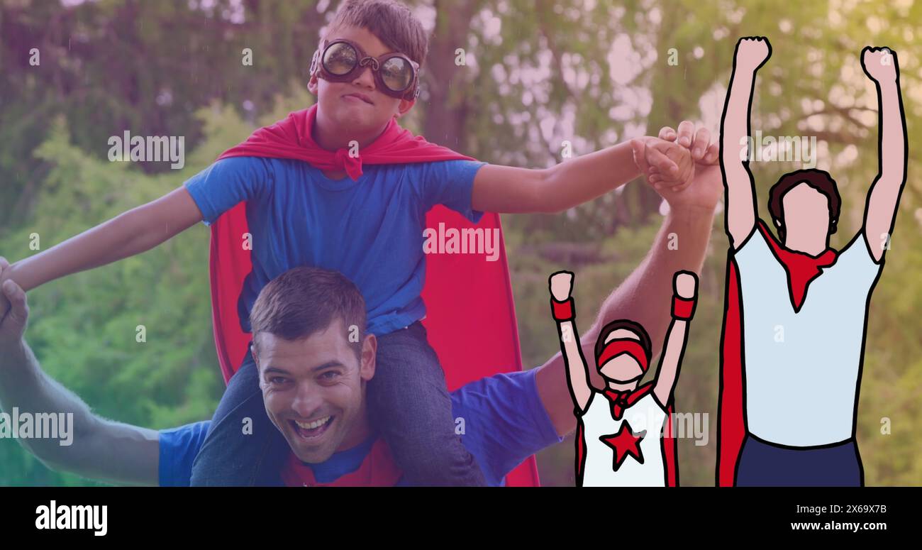 Immagine di supereroi su padre e figlio caucasici felici vestiti come supereroi nel parco Foto Stock