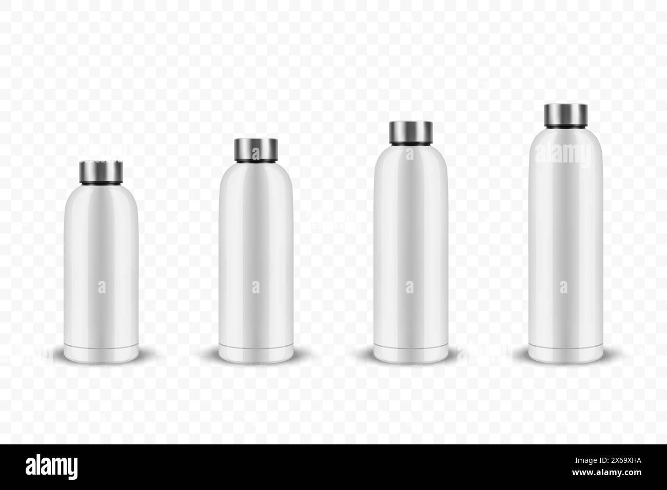 Bottiglia d'acqua riutilizzabile lucida con bianco in metallo bianco 3D vettoriale realistico con chiusura in argento isolata, misure diverse. Modello di progettazione dell'imballaggio Illustrazione Vettoriale