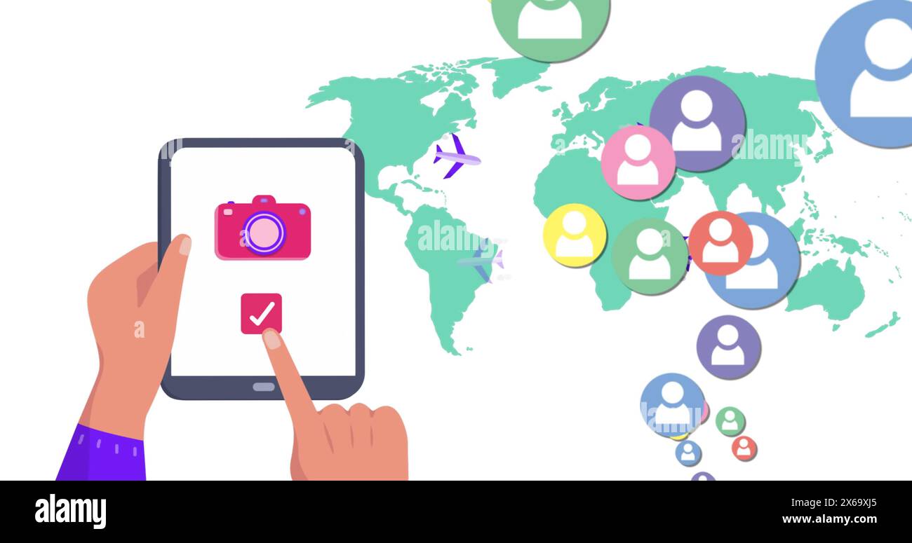 Immagine delle icone delle mappe mondiali e dei contenuti multimediali con il tablet Foto Stock