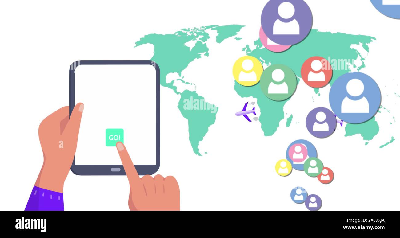 Immagine delle icone delle mappe mondiali e dei contenuti multimediali con il tablet Foto Stock