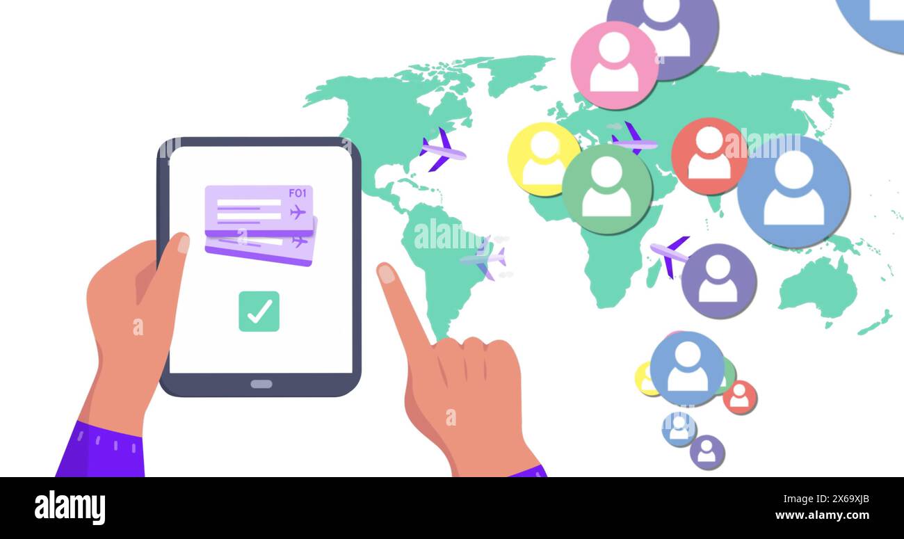 Immagine delle icone delle mappe mondiali e dei contenuti multimediali con il tablet Foto Stock