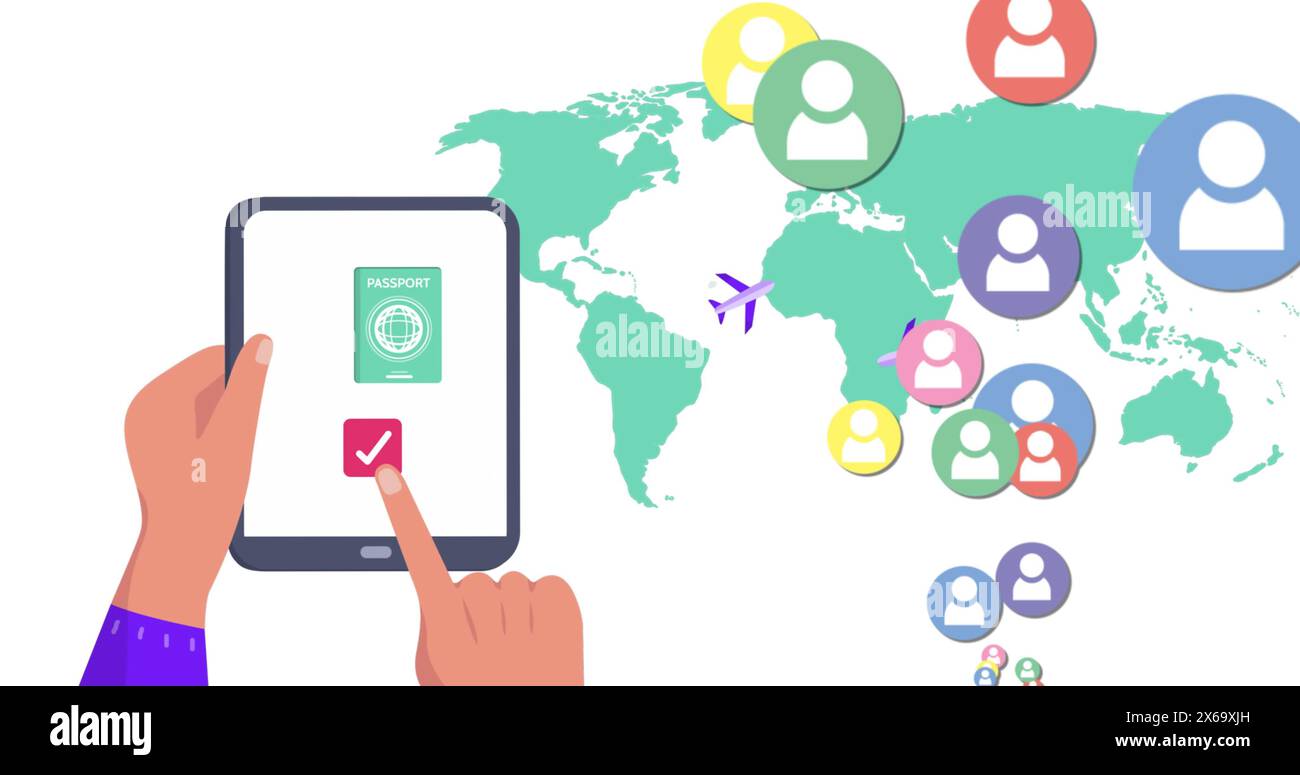 Immagine delle icone delle mappe mondiali e dei contenuti multimediali con il tablet Foto Stock