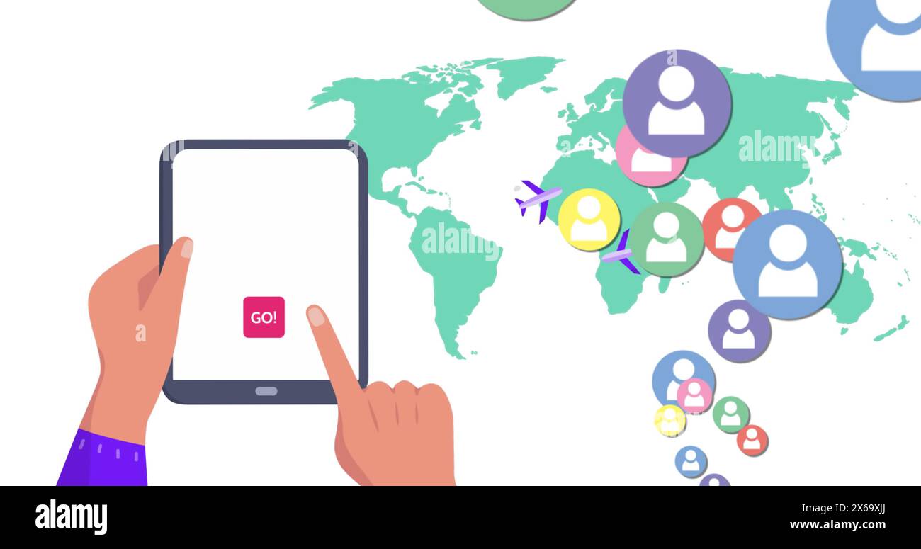 Immagine delle icone delle mappe mondiali e dei contenuti multimediali con il tablet Foto Stock