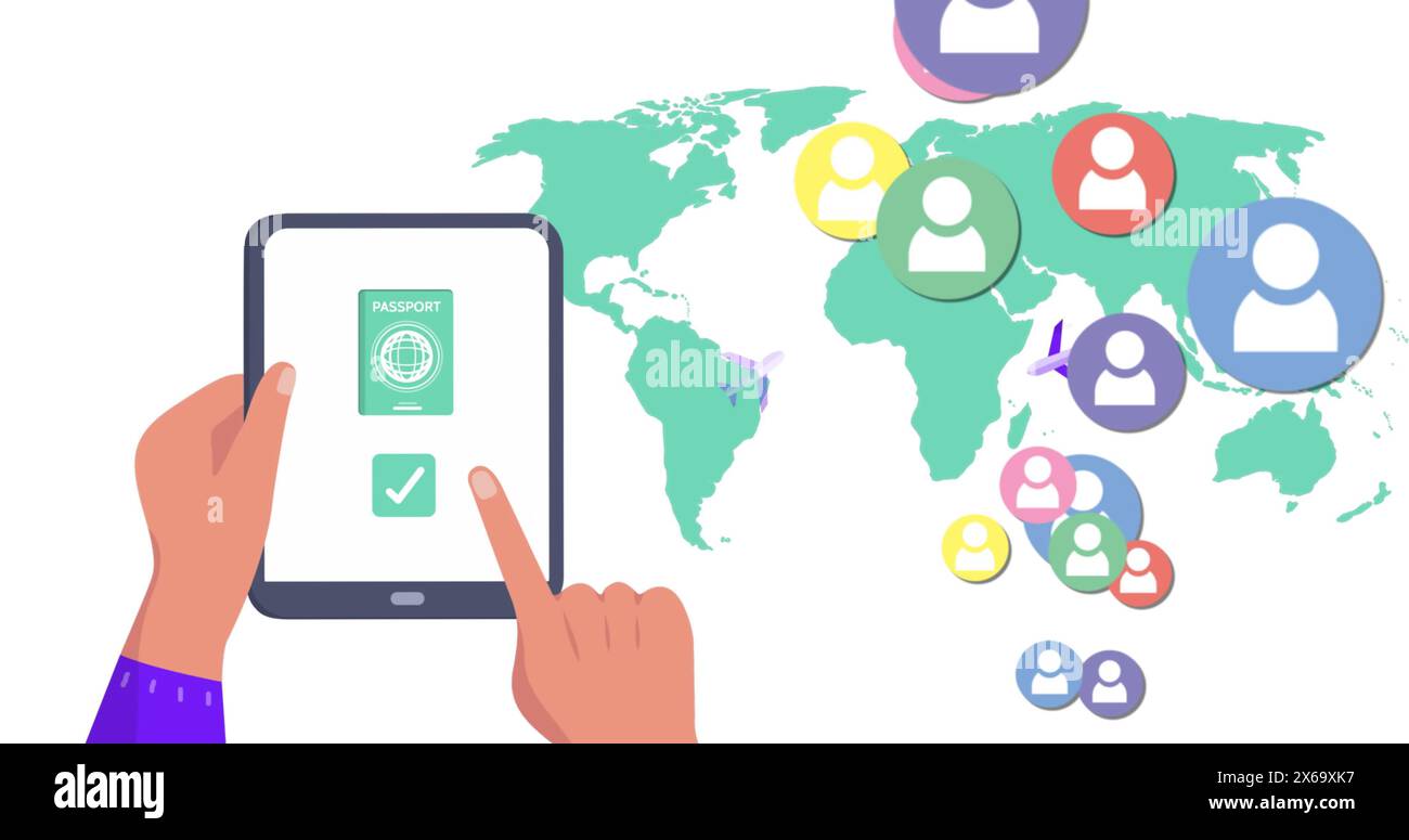 Immagine delle icone delle mappe mondiali e dei contenuti multimediali con il tablet Foto Stock