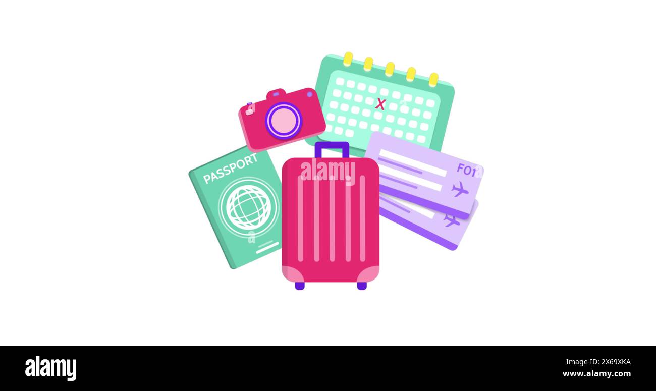 Immagine delle icone di viaggio su sfondo bianco Foto Stock