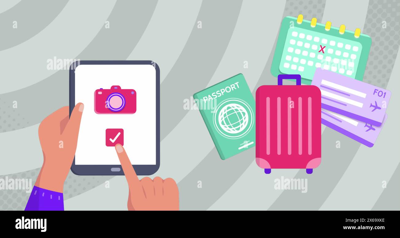 Immagine delle icone di viaggio sulle mani utilizzando il tablet Foto Stock