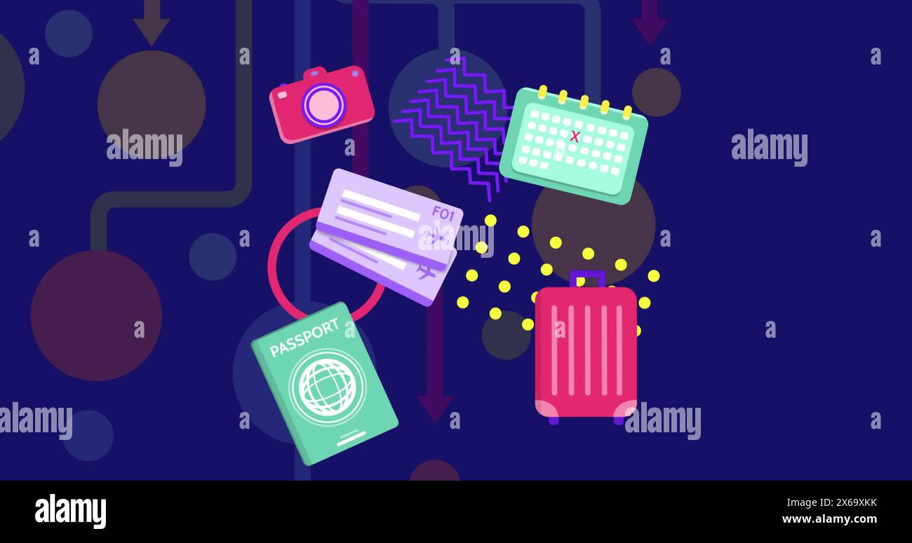 Immagine delle icone e delle forme di viaggio su sfondo blu Foto Stock