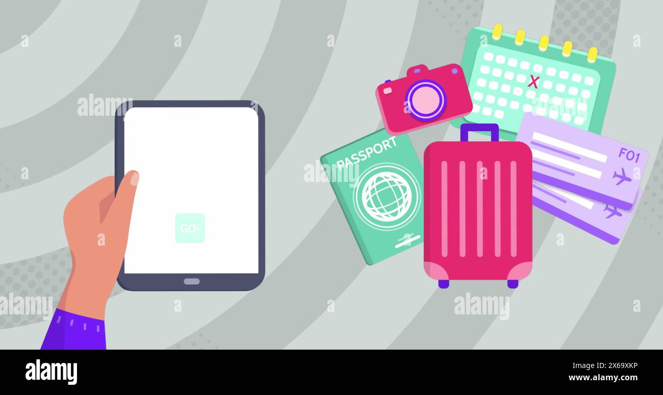 Immagine delle icone di viaggio sulle mani utilizzando il tablet Foto Stock