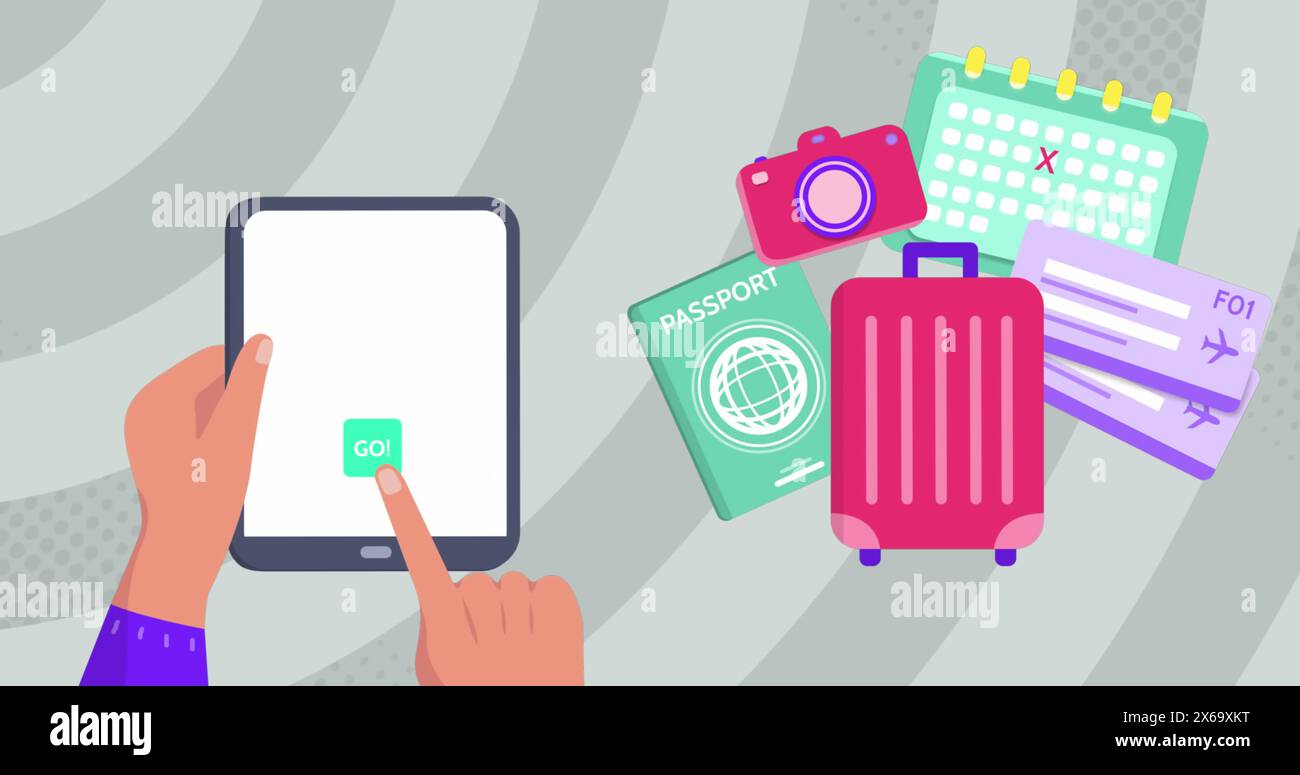 Immagine delle icone di viaggio sulle mani utilizzando il tablet Foto Stock