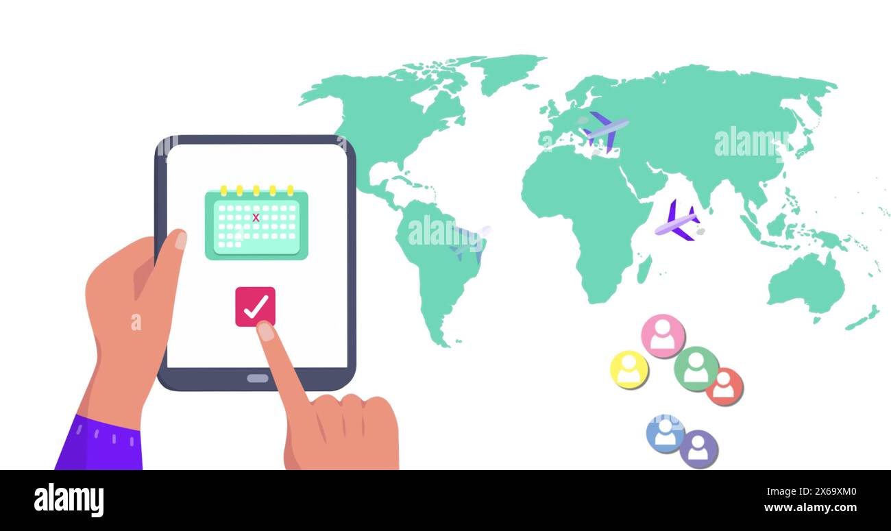 Immagine delle icone delle mappe mondiali e dei contenuti multimediali con il tablet Foto Stock