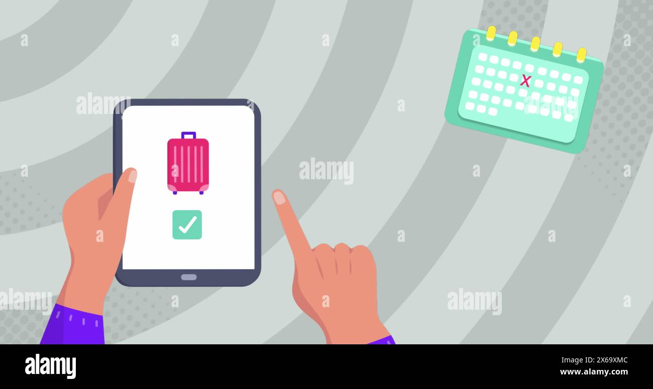 Immagine delle icone di viaggio sulle mani utilizzando il tablet Foto Stock