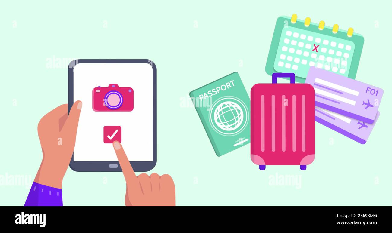 Immagine delle icone di viaggio sulle mani utilizzando il tablet Foto Stock