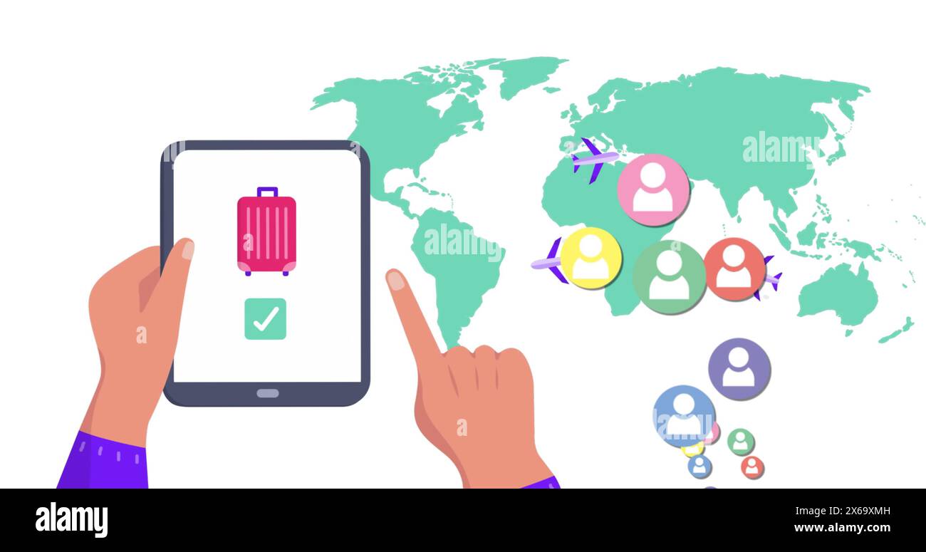 Immagine delle icone delle mappe mondiali e dei contenuti multimediali con il tablet Foto Stock