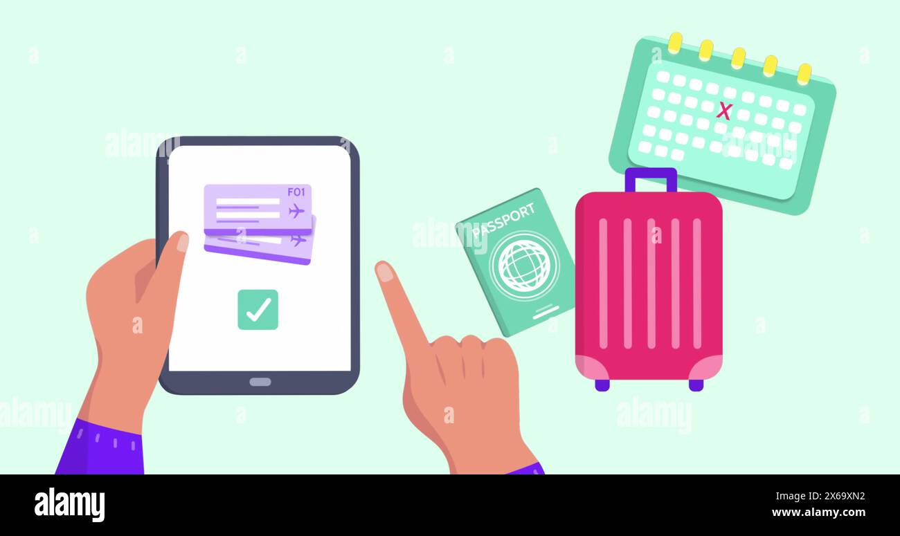Immagine delle icone di viaggio sulle mani utilizzando il tablet Foto Stock