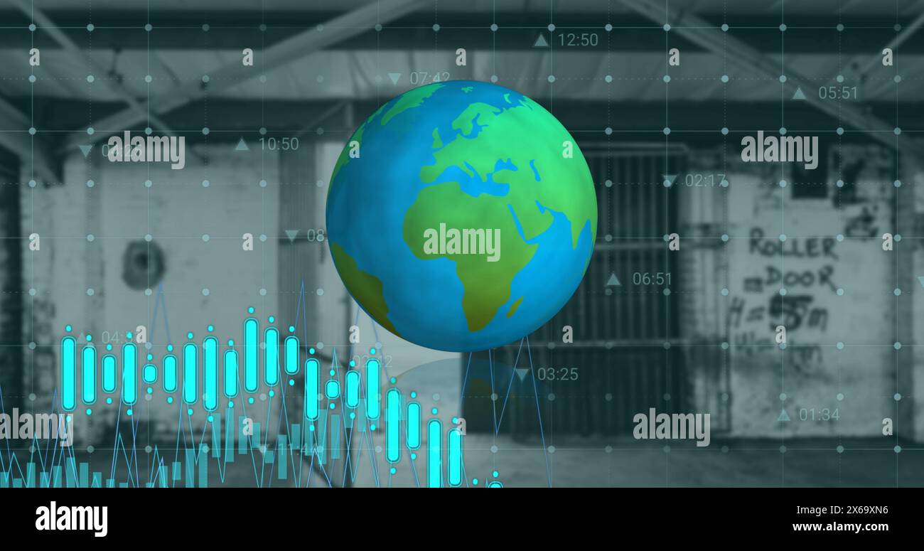 Immagine di grafici, griglie con icone che si muovono sul globo blu contro gli interni del vecchio edificio Foto Stock