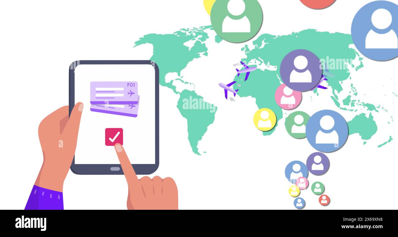Immagine delle icone delle mappe mondiali e dei contenuti multimediali con il tablet Foto Stock