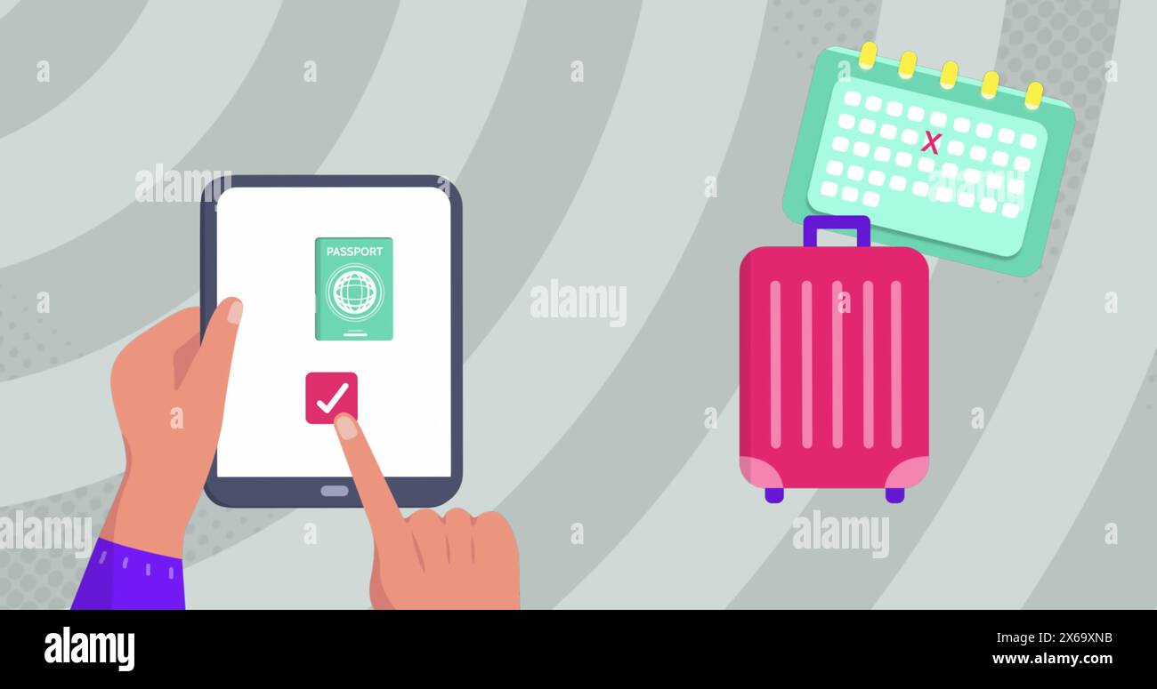 Immagine delle icone di viaggio sulle mani utilizzando il tablet Foto Stock