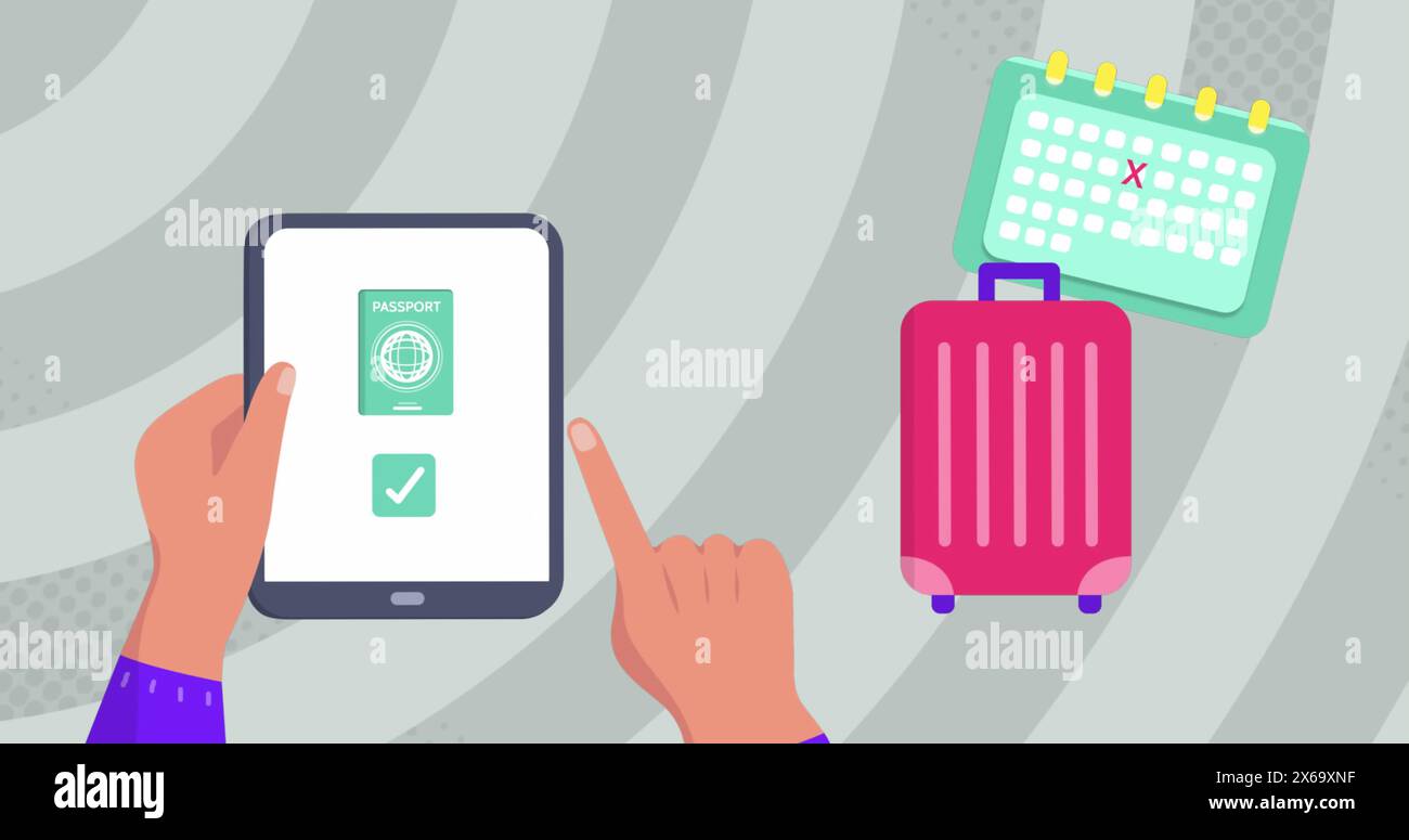 Immagine delle icone di viaggio sulle mani utilizzando il tablet Foto Stock