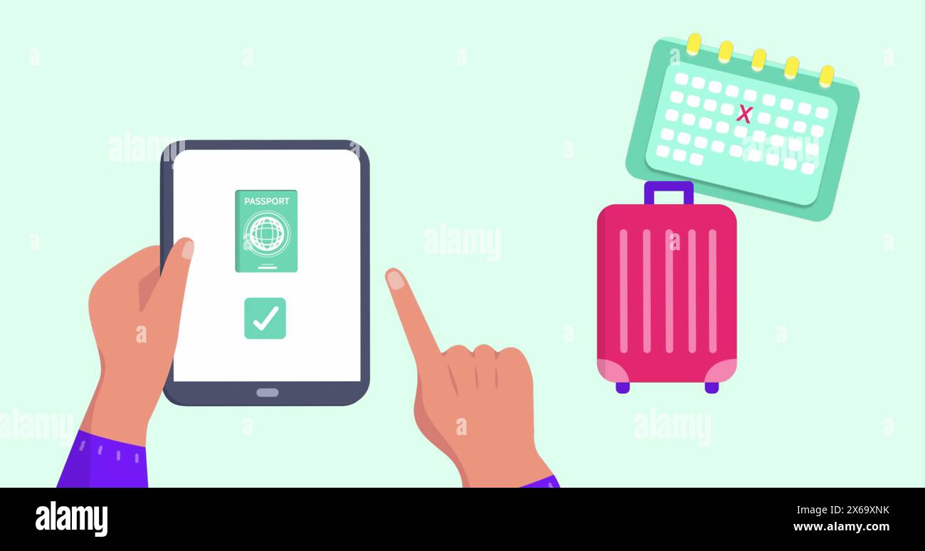 Immagine delle icone di viaggio sulle mani utilizzando il tablet Foto Stock