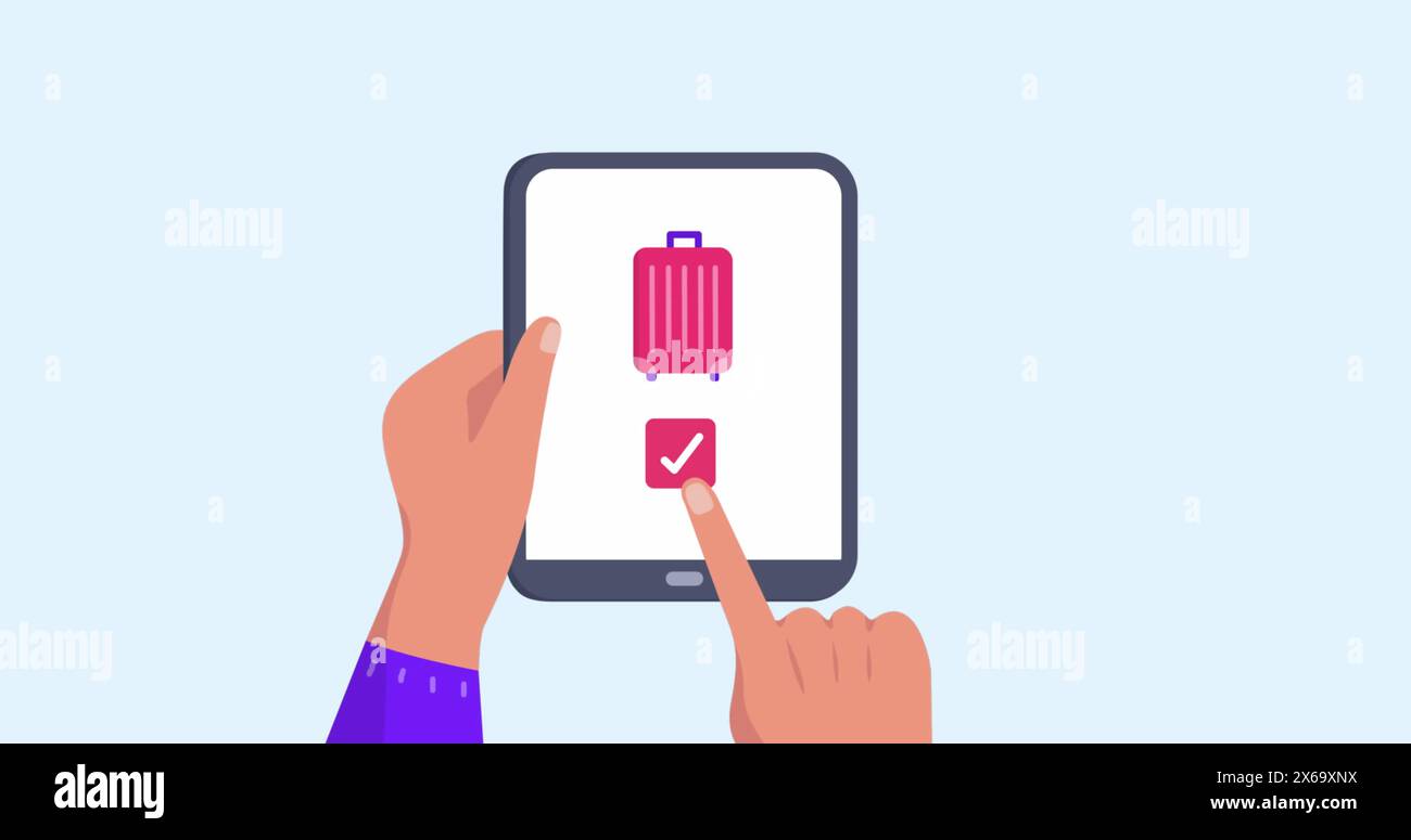 Immagine delle mani che utilizzano un tablet con icone da viaggio Foto Stock