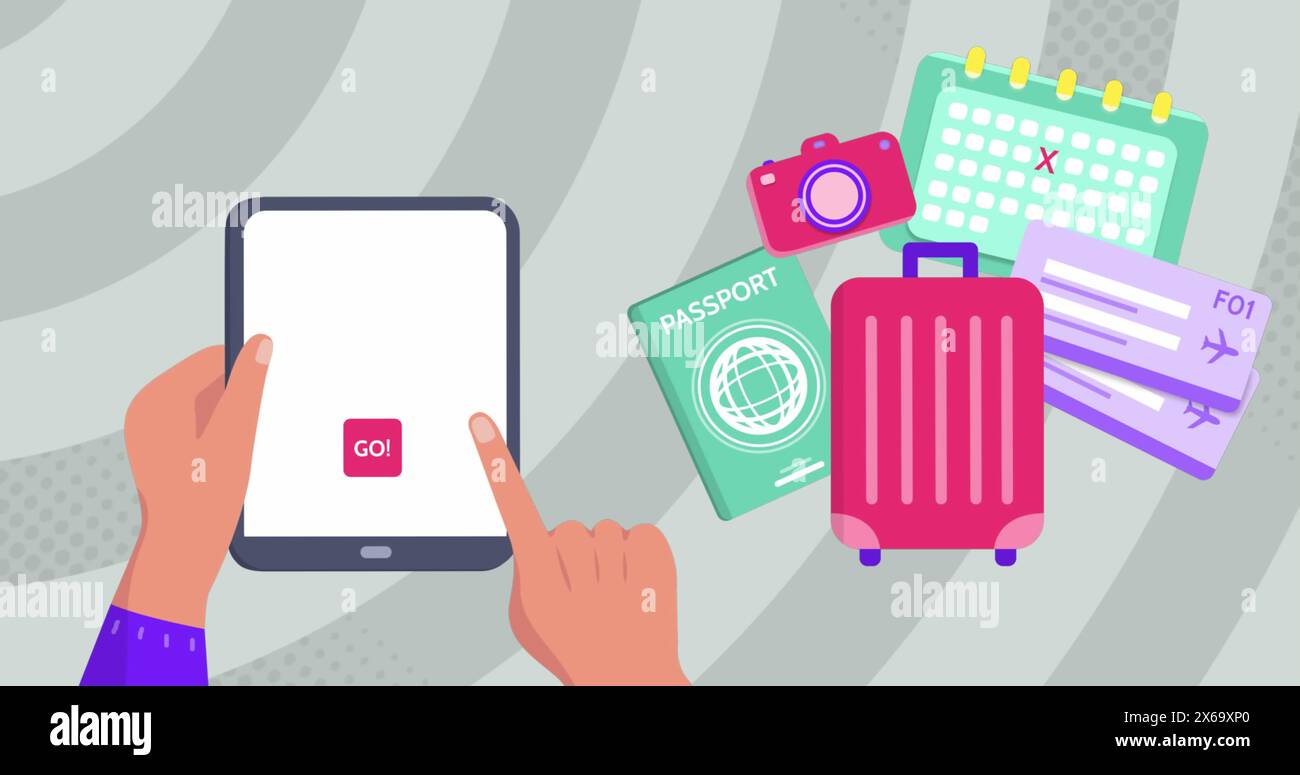 Immagine delle icone di viaggio sulle mani utilizzando il tablet Foto Stock