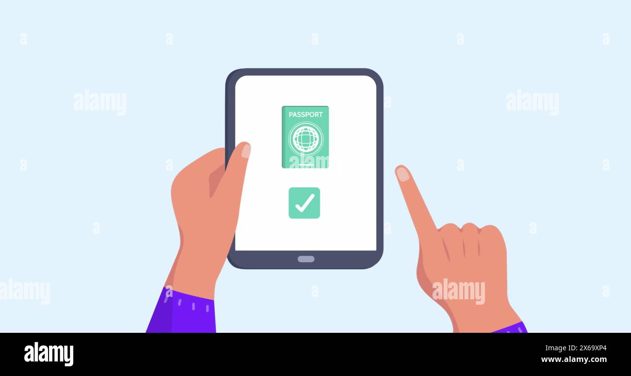 Immagine delle mani che utilizzano un tablet con icone da viaggio Foto Stock