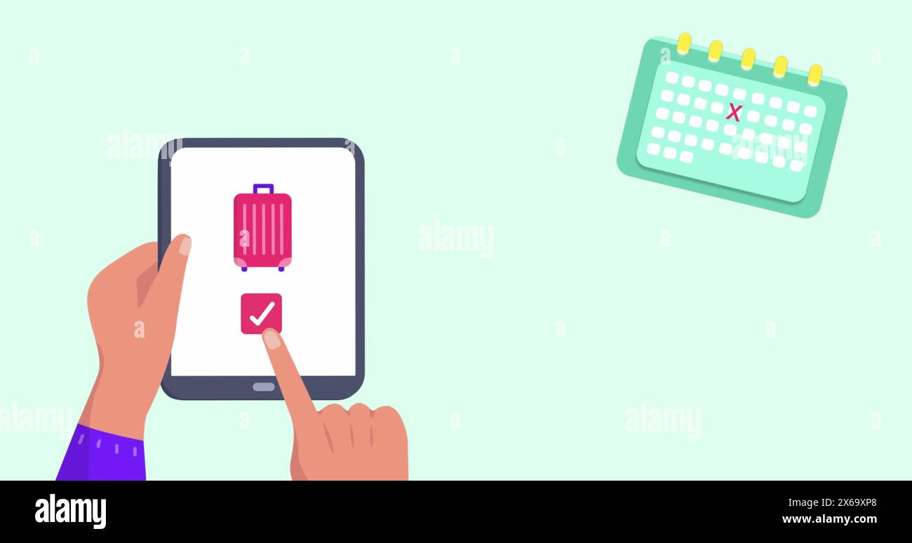 Immagine delle icone di viaggio sulle mani utilizzando il tablet Foto Stock