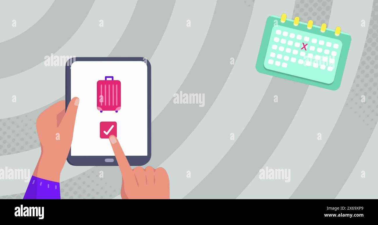 Immagine delle icone di viaggio sulle mani utilizzando il tablet Foto Stock