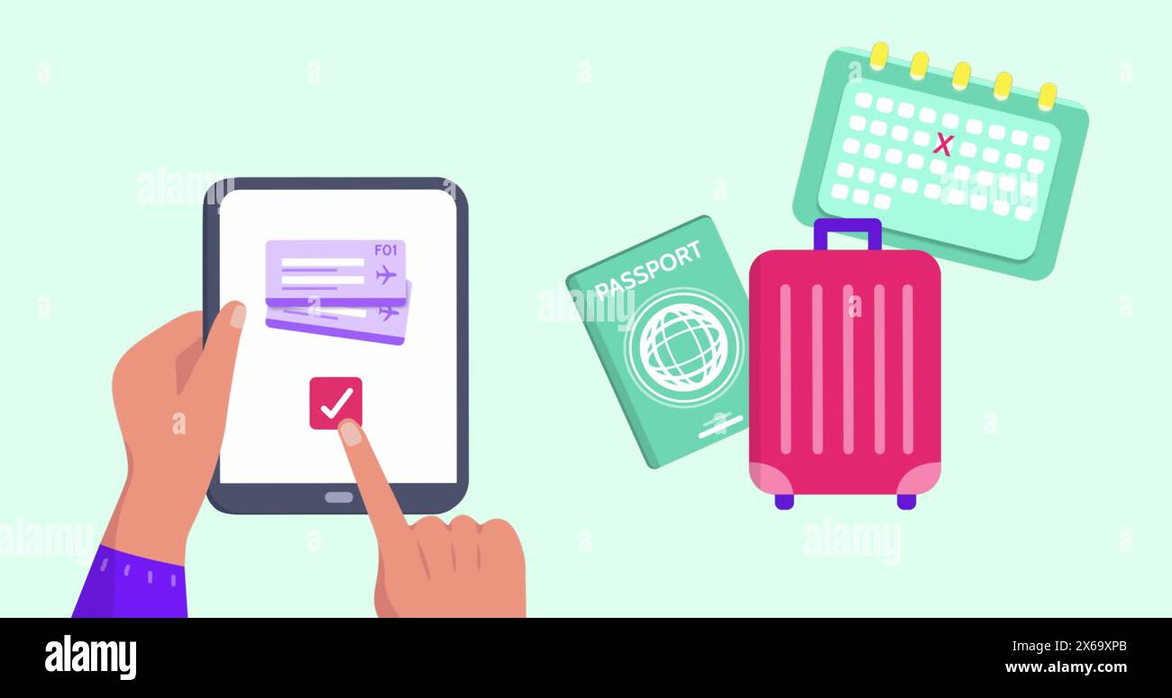 Immagine delle icone di viaggio sulle mani utilizzando il tablet Foto Stock