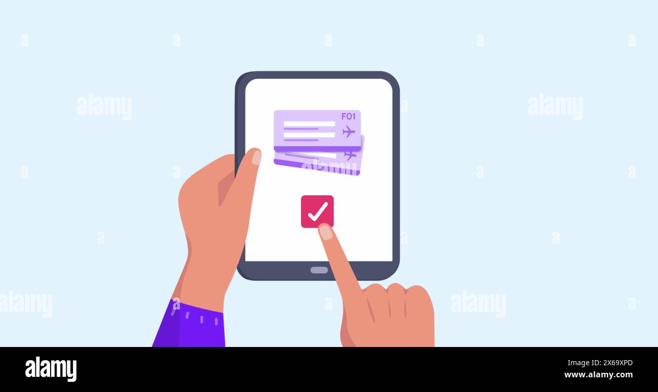 Immagine delle mani che utilizzano un tablet con icone da viaggio Foto Stock