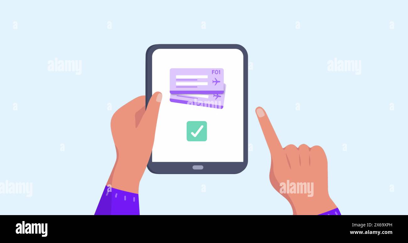 Immagine delle mani che utilizzano un tablet con icone da viaggio Foto Stock