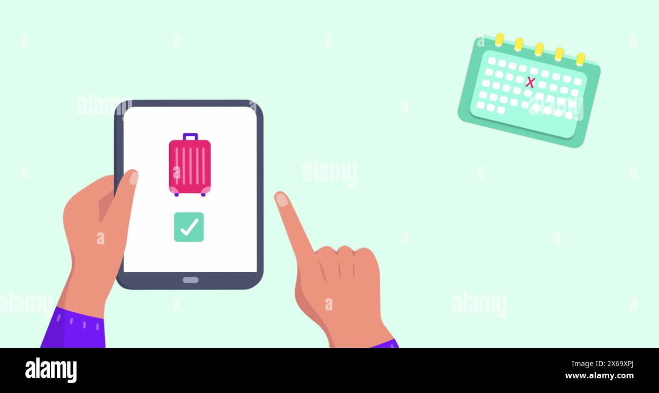 Immagine delle icone di viaggio sulle mani utilizzando il tablet Foto Stock