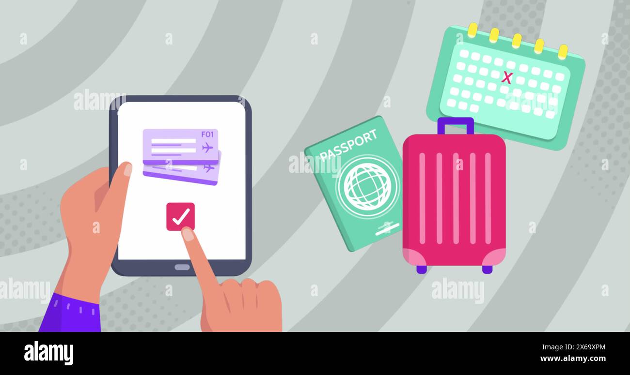 Immagine delle icone di viaggio sulle mani utilizzando il tablet Foto Stock