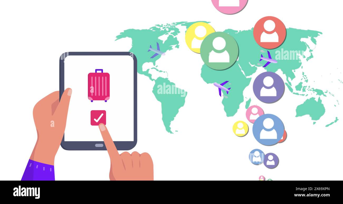 Immagine delle icone delle mappe mondiali e dei contenuti multimediali con il tablet Foto Stock