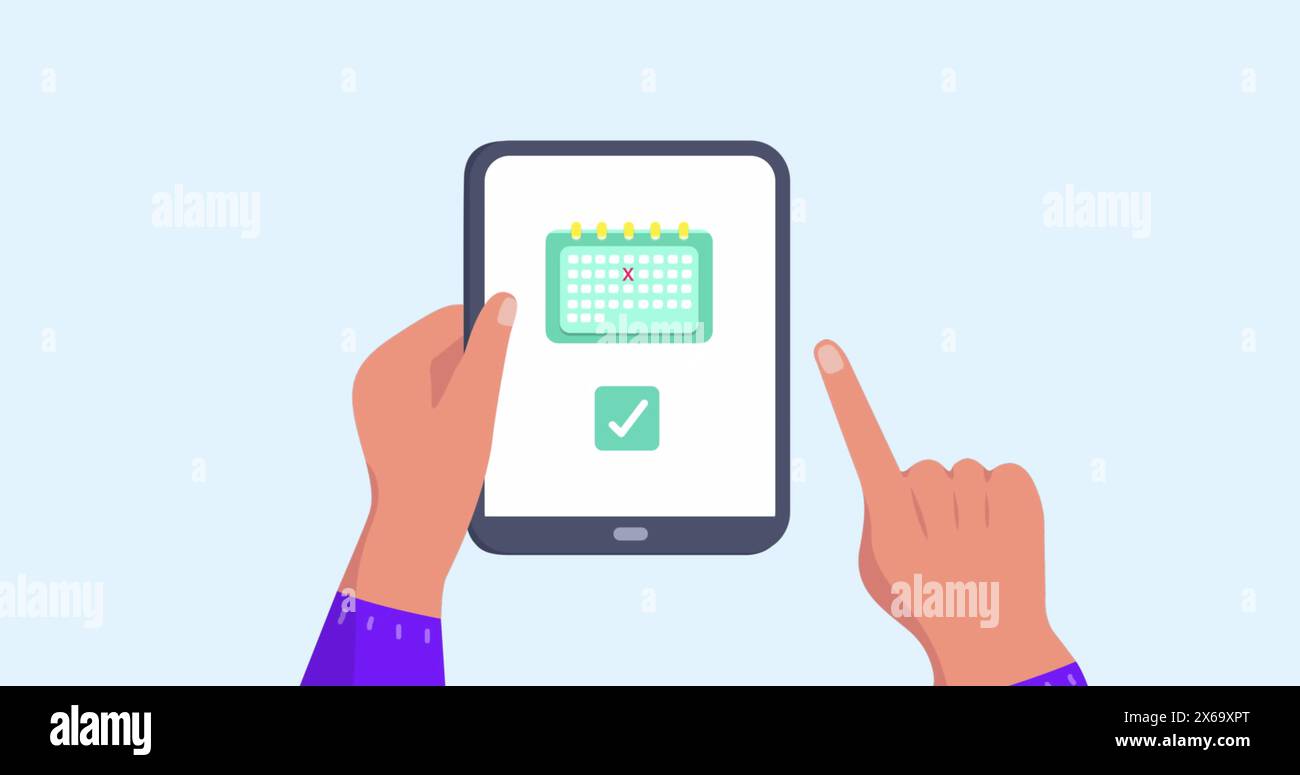 Immagine delle mani che utilizzano un tablet con icone da viaggio Foto Stock