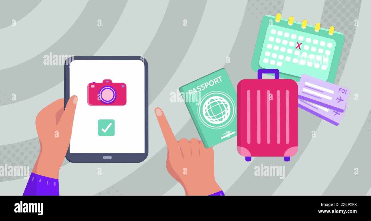 Immagine delle icone di viaggio sulle mani utilizzando il tablet Foto Stock