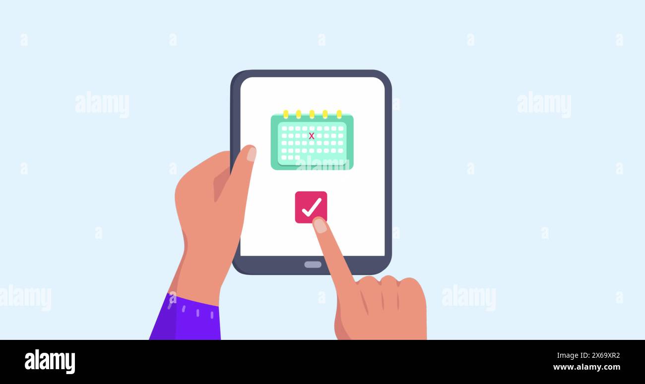 Immagine delle mani che utilizzano un tablet con icone da viaggio Foto Stock