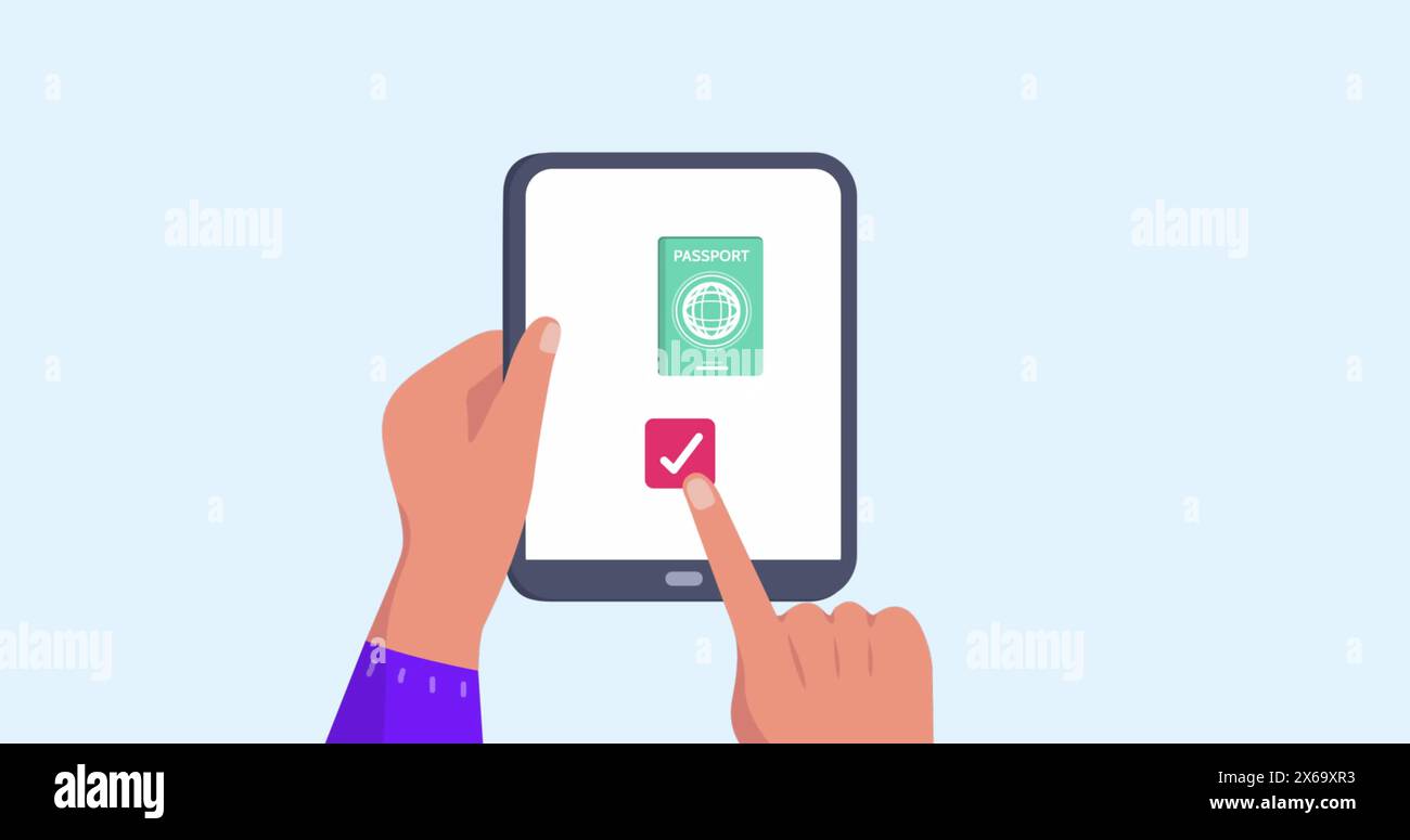 Immagine delle mani che utilizzano un tablet con icone da viaggio Foto Stock