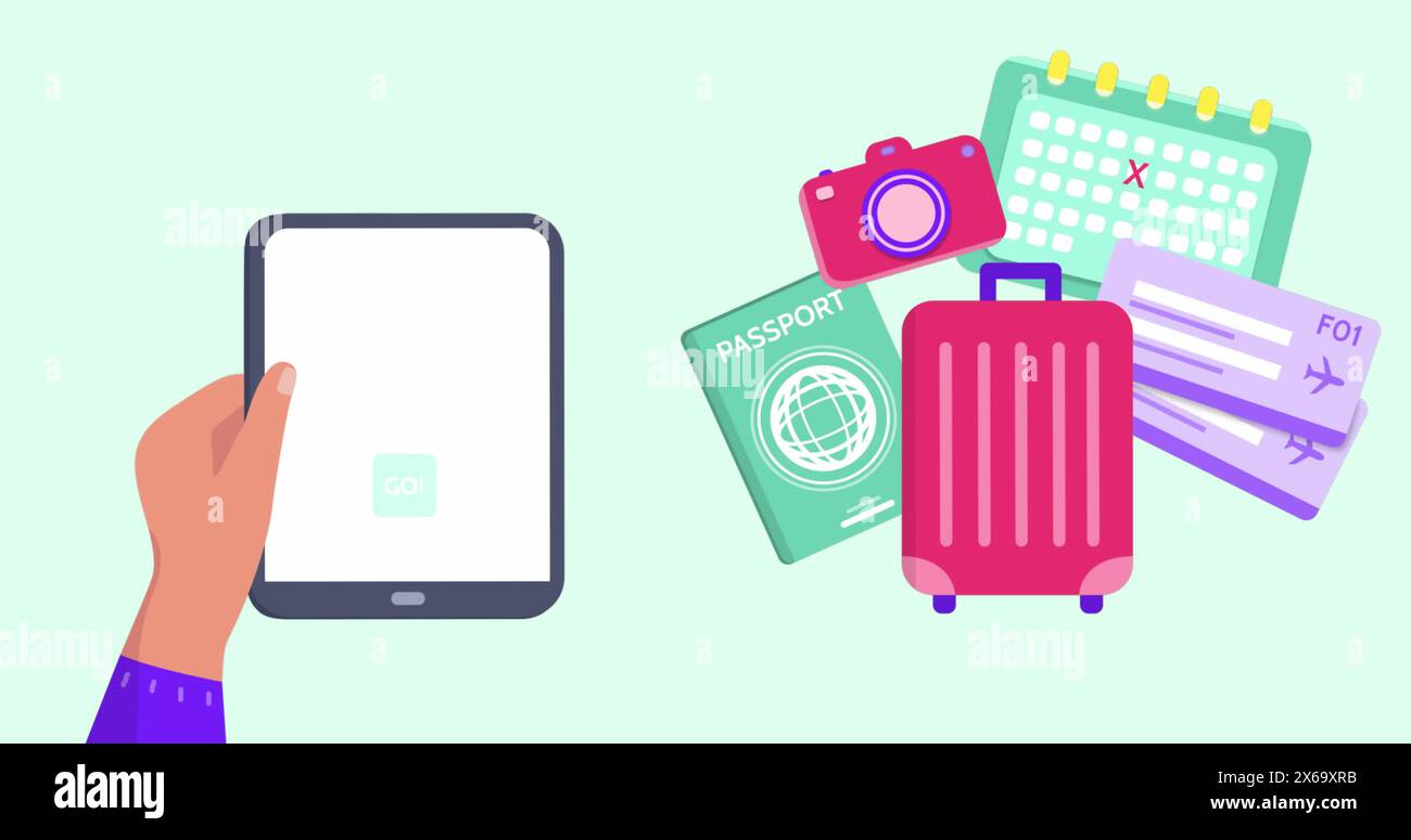 Immagine delle icone di viaggio sulle mani utilizzando il tablet Foto Stock