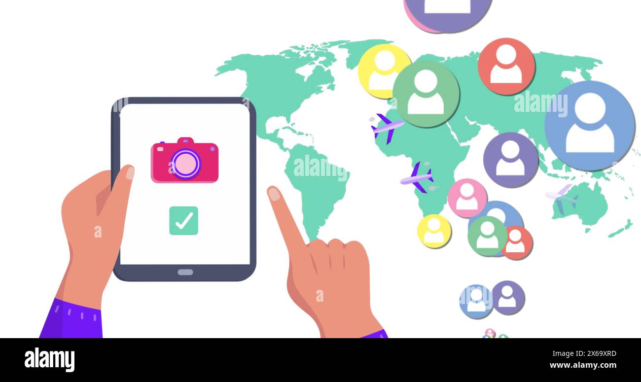 Immagine delle icone delle mappe mondiali e dei contenuti multimediali con il tablet Foto Stock