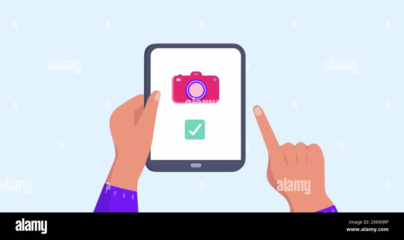 Immagine delle mani che utilizzano un tablet con icone da viaggio Foto Stock