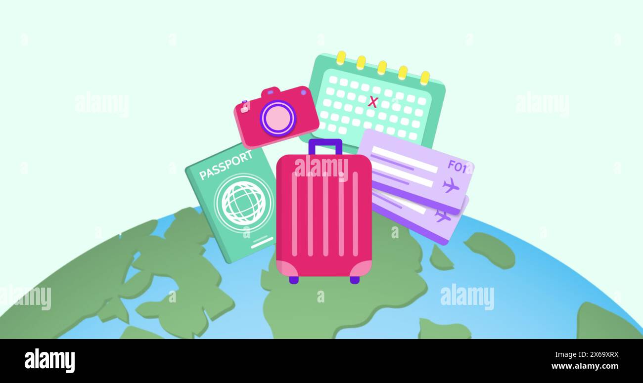 Immagine delle icone di viaggio sul globo Foto Stock