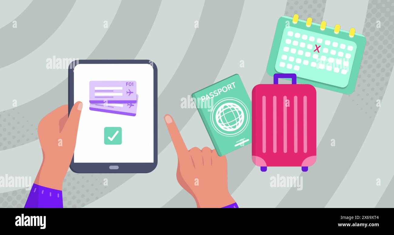 Immagine delle icone di viaggio sulle mani utilizzando il tablet Foto Stock