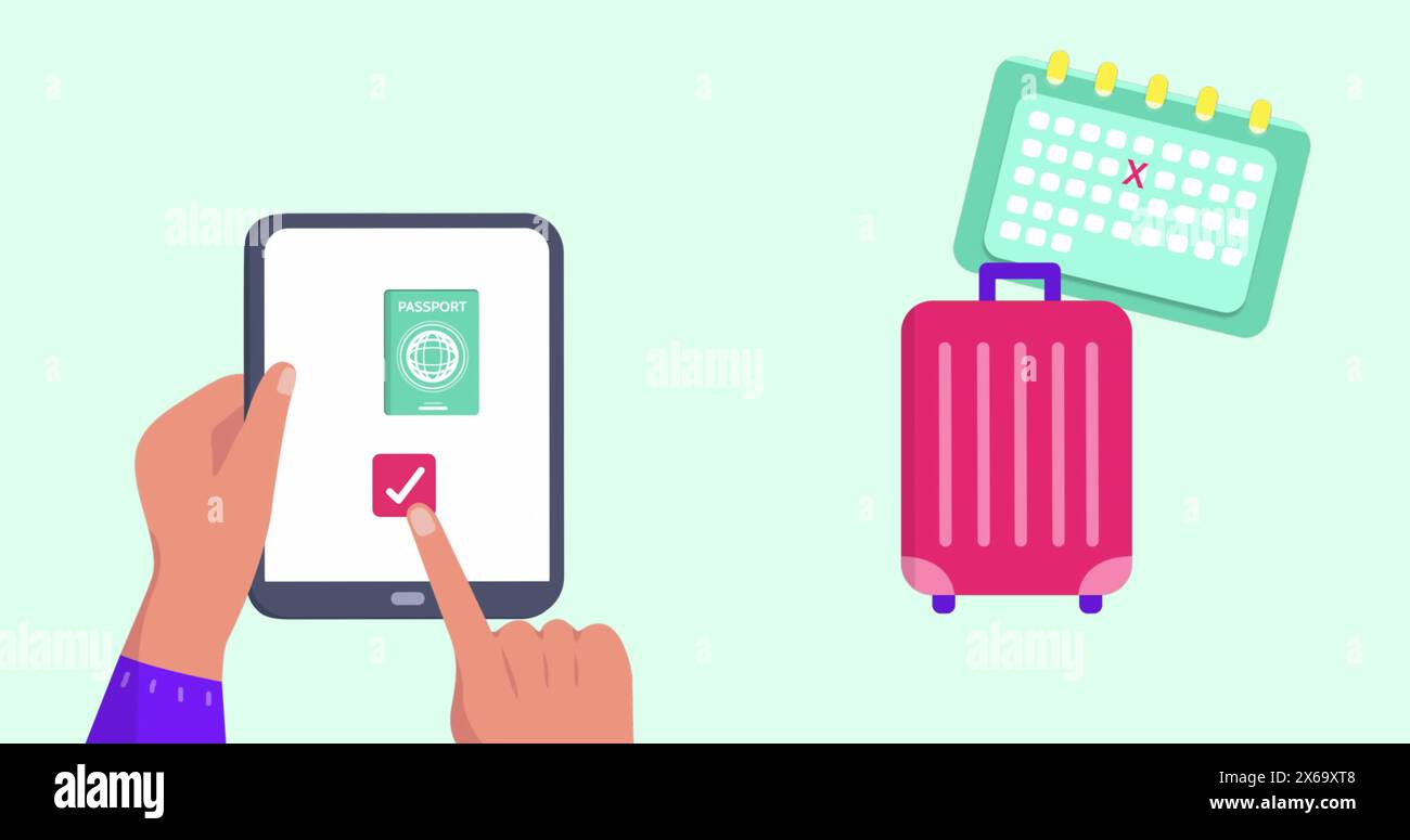 Immagine delle icone di viaggio sulle mani utilizzando il tablet Foto Stock